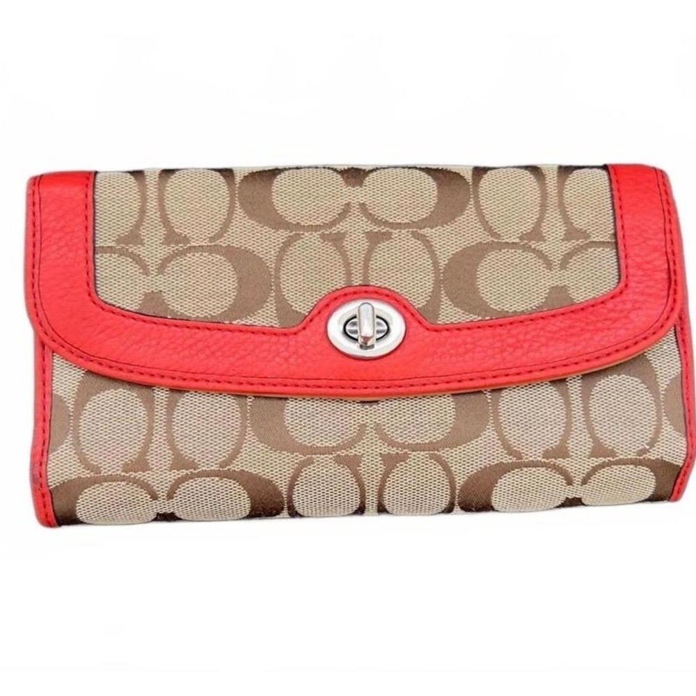 Coach Signature Canvas Wallet Red Orange Leather Trim Small